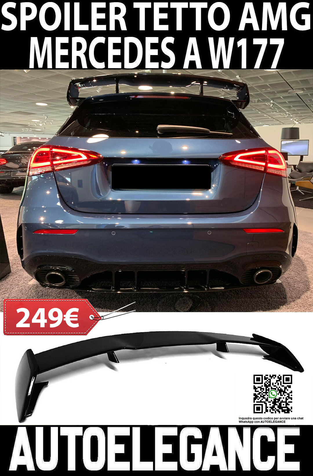 MERCEDES CLASSE A W177 2018+ SPOILER SUL TETTO IN ABS NERO LOOK AMG