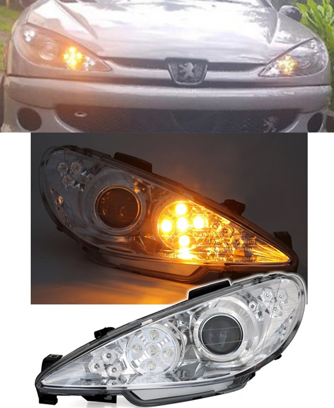 CHROME HEADLIGHTS PEUGEOT 206 1998+ SPORTS HEADLIGHTS LED INDICATORS