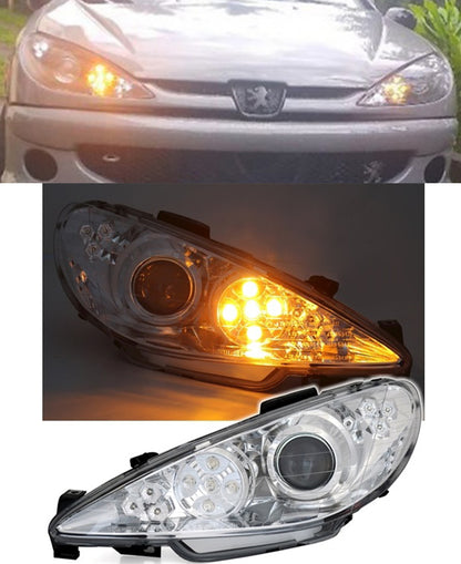 CHROME HEADLIGHTS PEUGEOT 206 1998+ SPORTS HEADLIGHTS LED INDICATORS