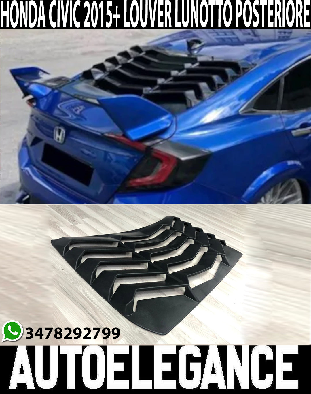 HONDA CIVIC X 2015+ REAR WINDOW LOUVER SPOILER ABS BLACK RS LOOK