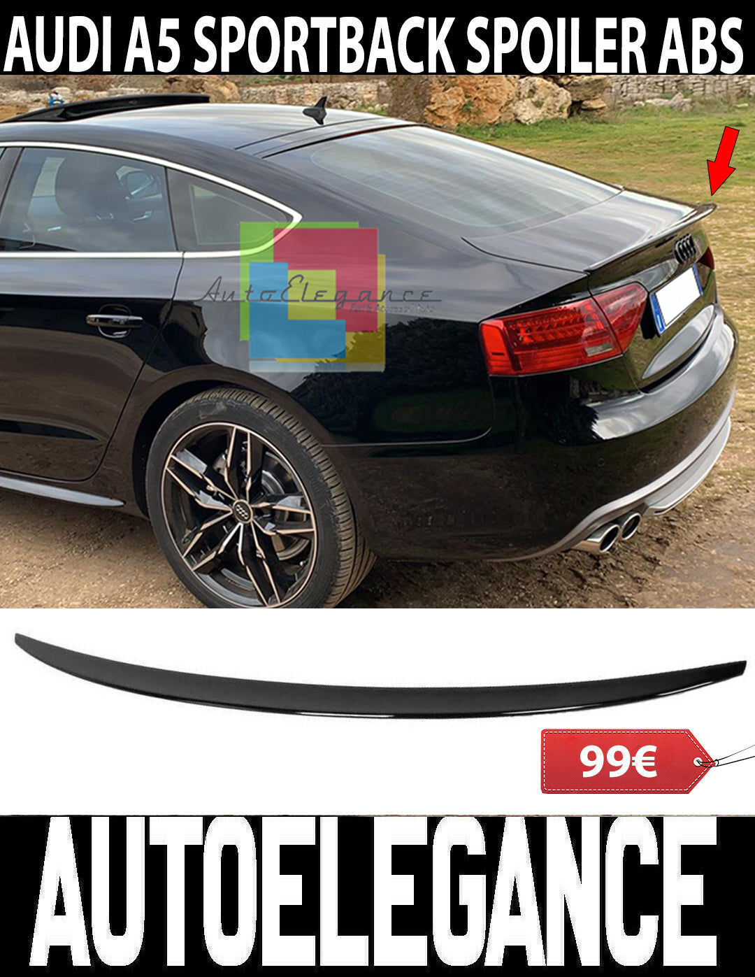 AUDI A5 8T SPORTBACK SPOILER POSTERIORE SUL COFANO ABS LOOK S5 S-LINE NERO AUTOELEGANCERICAMBI