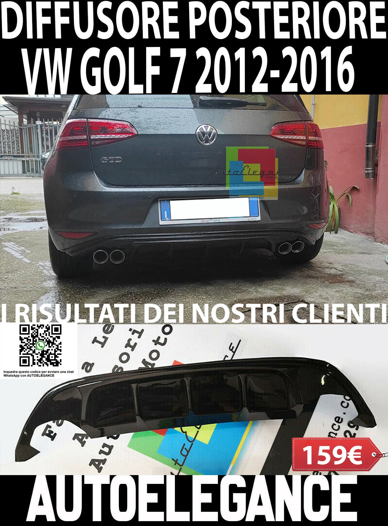 DIFFUSORE SOTTO PARAURTI POSTERIORE VW GOLF 7 2012-2016 IN ABS TUNING