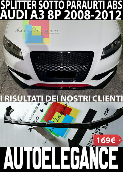 UNDER FRONT BUMPER AUDI A3 8P 2008-2012 SPOILER ABS GLOSSY BLACK SPLITTER