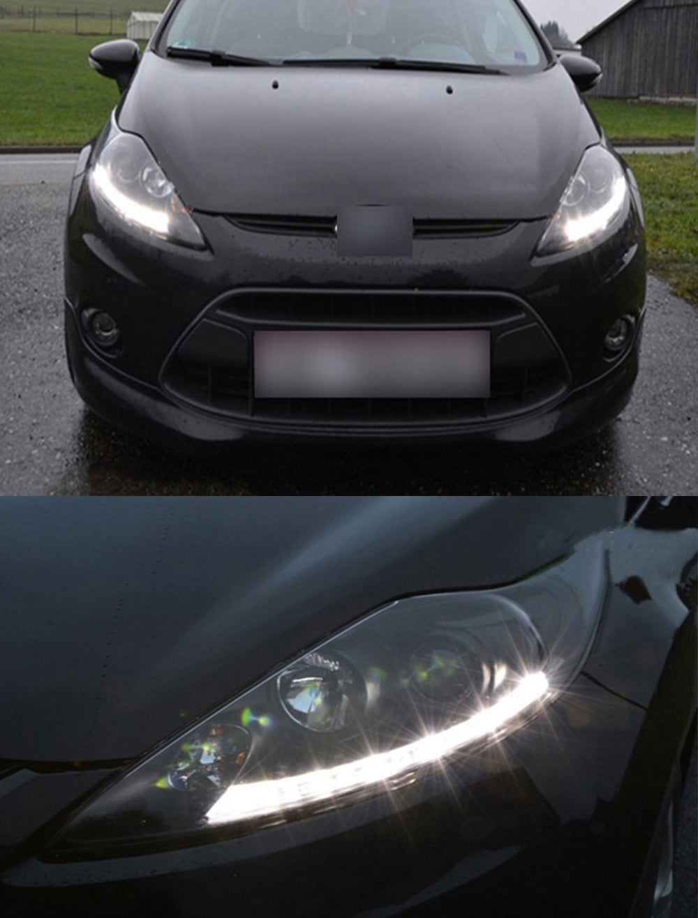 FORD FIESTA MK7 2008-2012 COPPIA FARI ANTERIORI NERI LENTICOLARI DIURNA LED