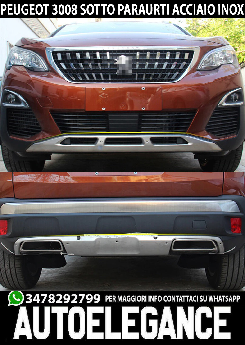 PEUGEOT 3008 FRONT + REAR BUMPER SPOILER SATIN STAINLESS STEEL