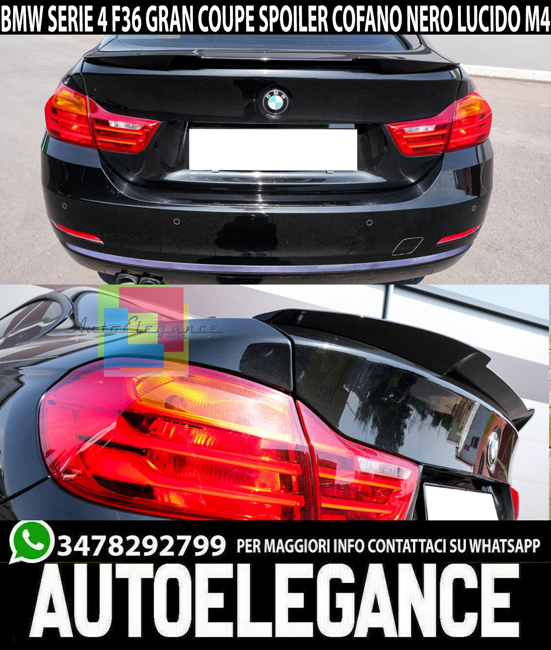 BMW 4 F36 GRAN COUPE SPOILER SUL COFANO NERO LUCIDO LOOK M4 AUTOELEGANCERICAMBI