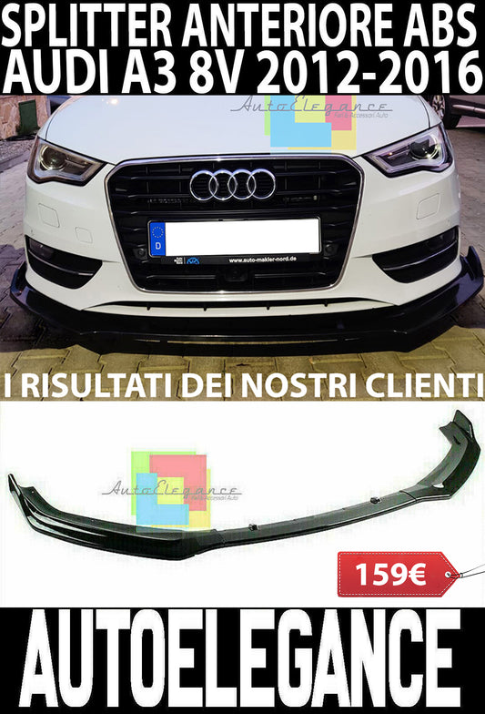 AUDI A3 8V 2012 AL 2016 SOTTO PARAURTI ANTERIORE ABS NERO LUCIDO SPLITTER 3PZ AUTOELEGANCERICAMBI