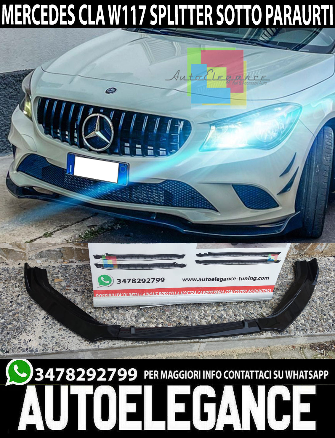 SPLITTER MERCEDES CLA W117 BLADE UNDER FRONT BUMPER ABS GLOSSY BLACK 0097