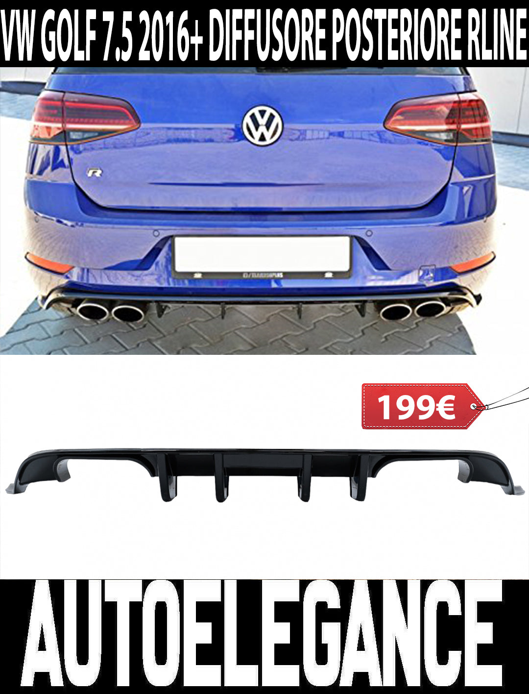 VW GOLF 7.5 2016-2019 DIFFUSORE POSTERIORE SOTTO PARAURTI ABS LOOK RLINE R