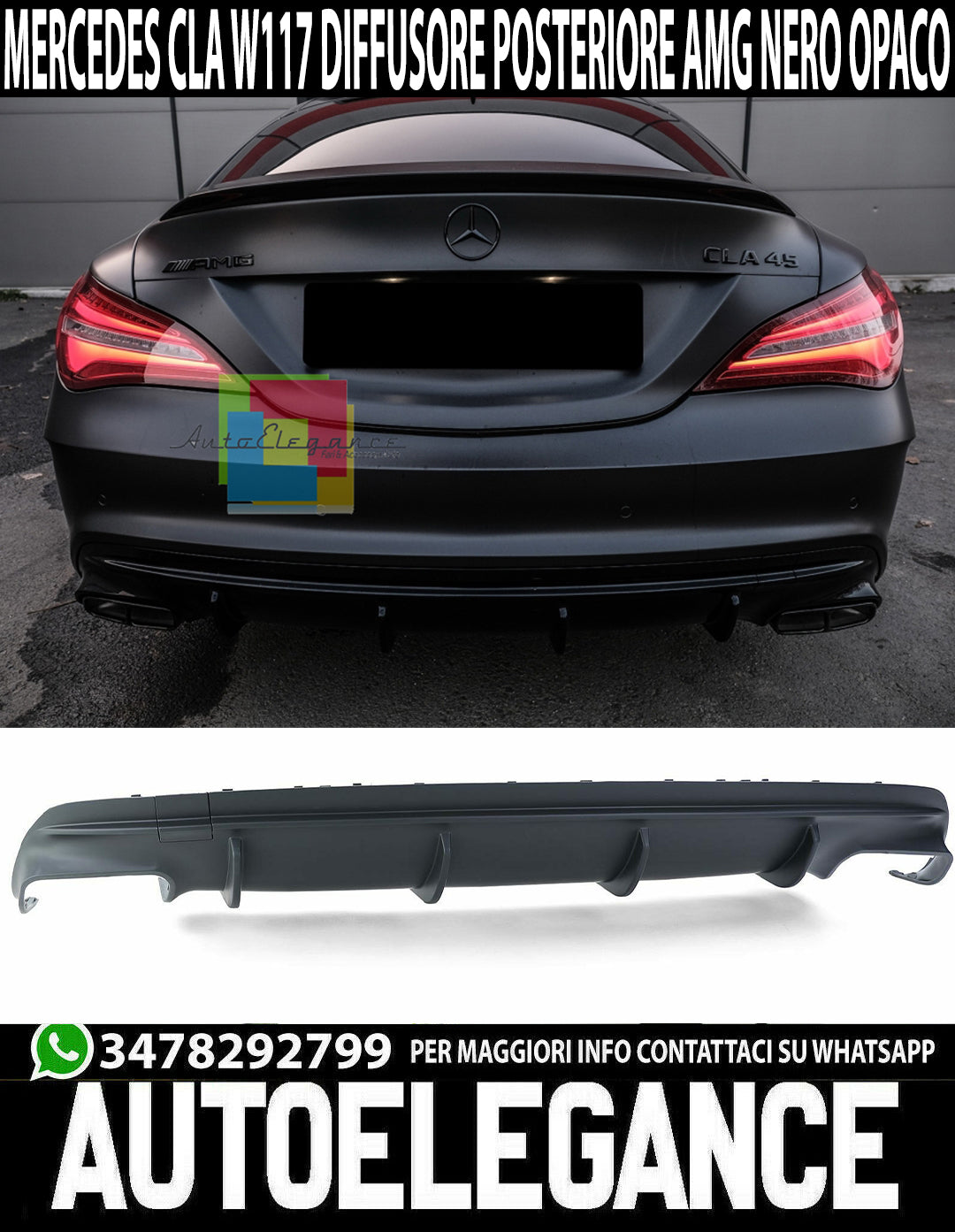 MERCEDES CLA W117 REAR DIFFUSER UNDER REAR BUMPER AMG MATT BLACK