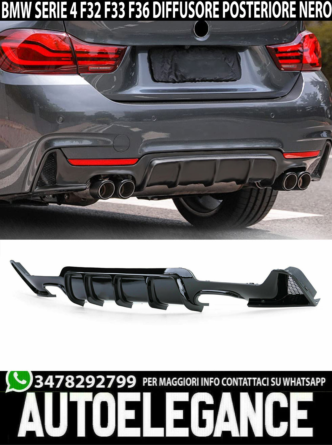 BMW SERIE 4 F32 F33 F36 SOTTO PARAURTI POSTERE DIFFUSORE DOPPIO NERO ABS 0081 AUTOELEGANCERICAMBI