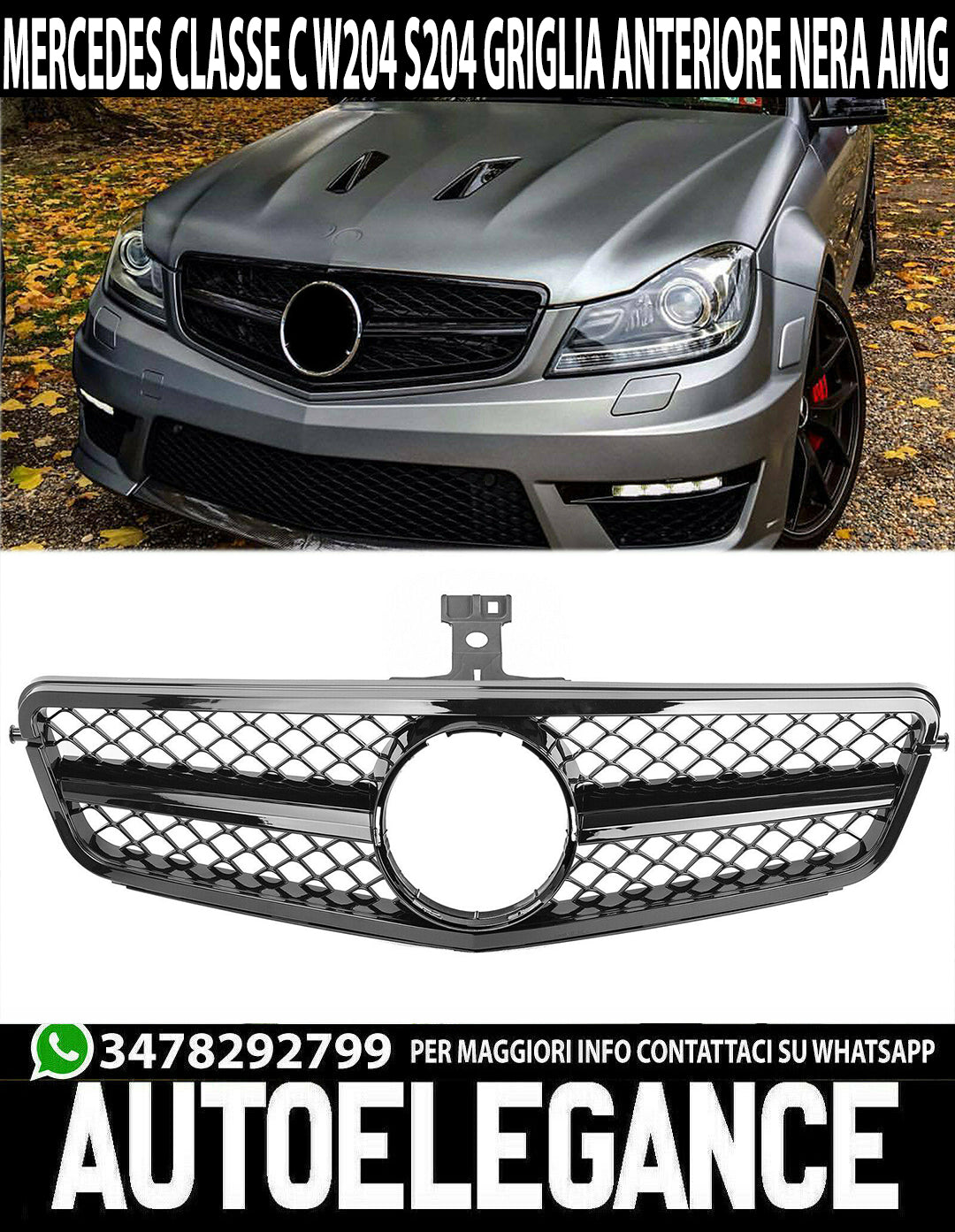 FRONT GRILLE MERCEDES C CLASS W204 S204 2007-2014 AMG LOOK GLOSSY BLACK