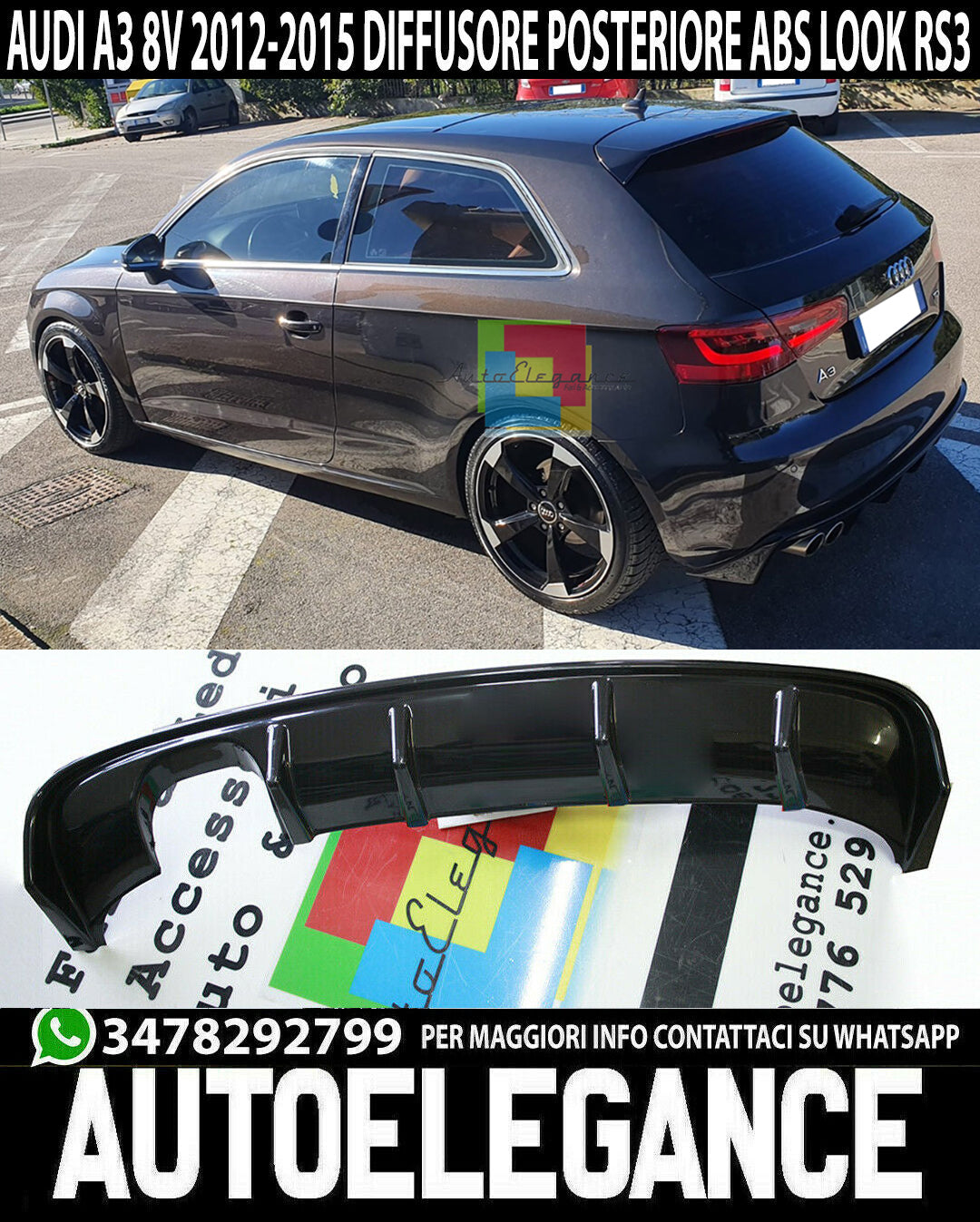 AUDI A3 8V SPORTBACK 3 PORTE 2012-2015 SOTTO PARAURTI DIFFUSORE RS3 ABS AUTOELEGANCERICAMBI