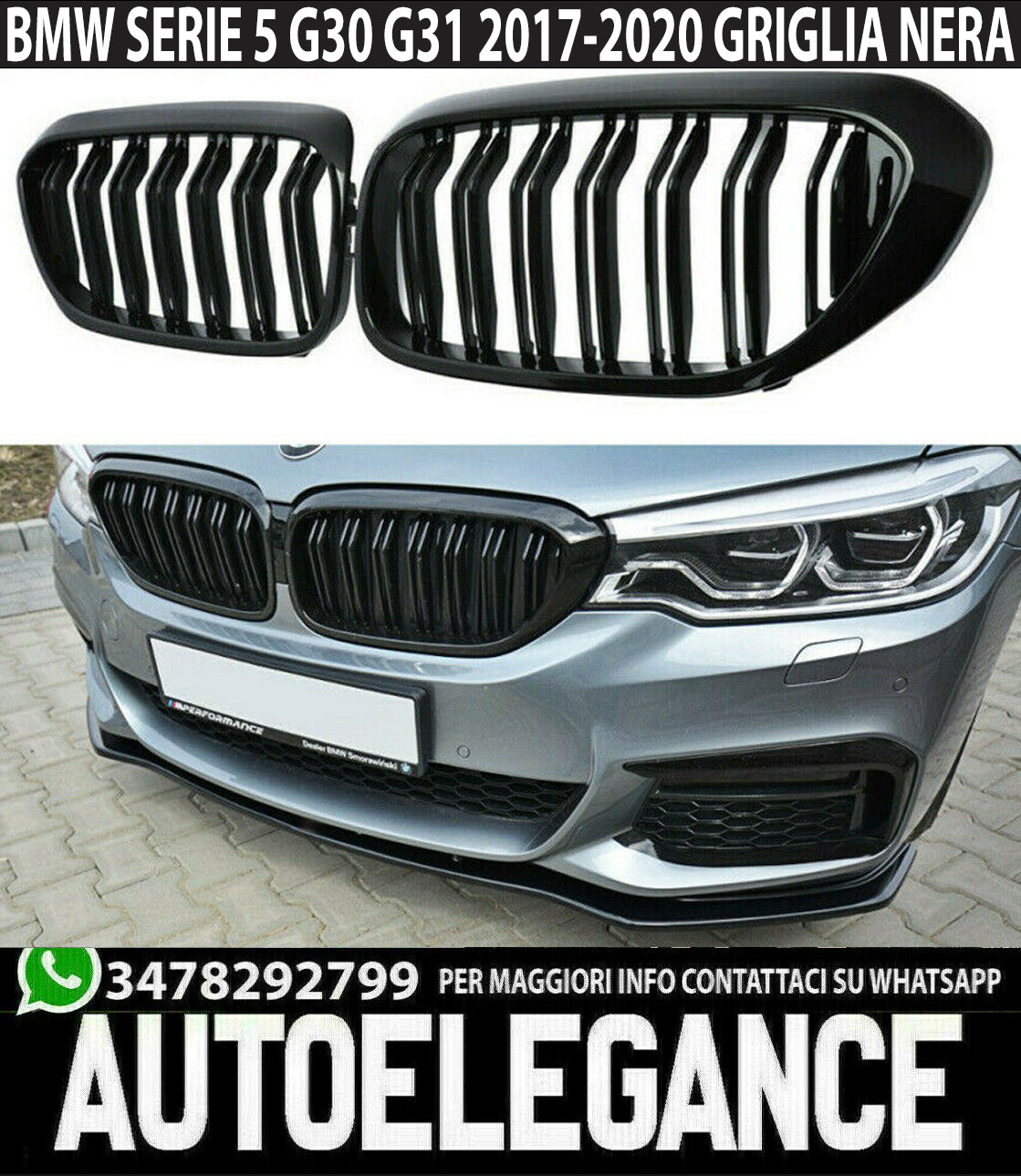BMW SERIE 5 G30 G31 2017-2020 GRIGLIE ANTERIORI TOTAL BLACK M SPORT NERA AUTOELEGANCERICAMBI