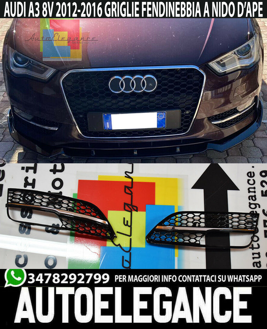 SIDE FOG LIGHT GRILLS SUITABLE FOR AUDI A3 8V 2012-2015 RS3 HONEYCOMB DESIGN