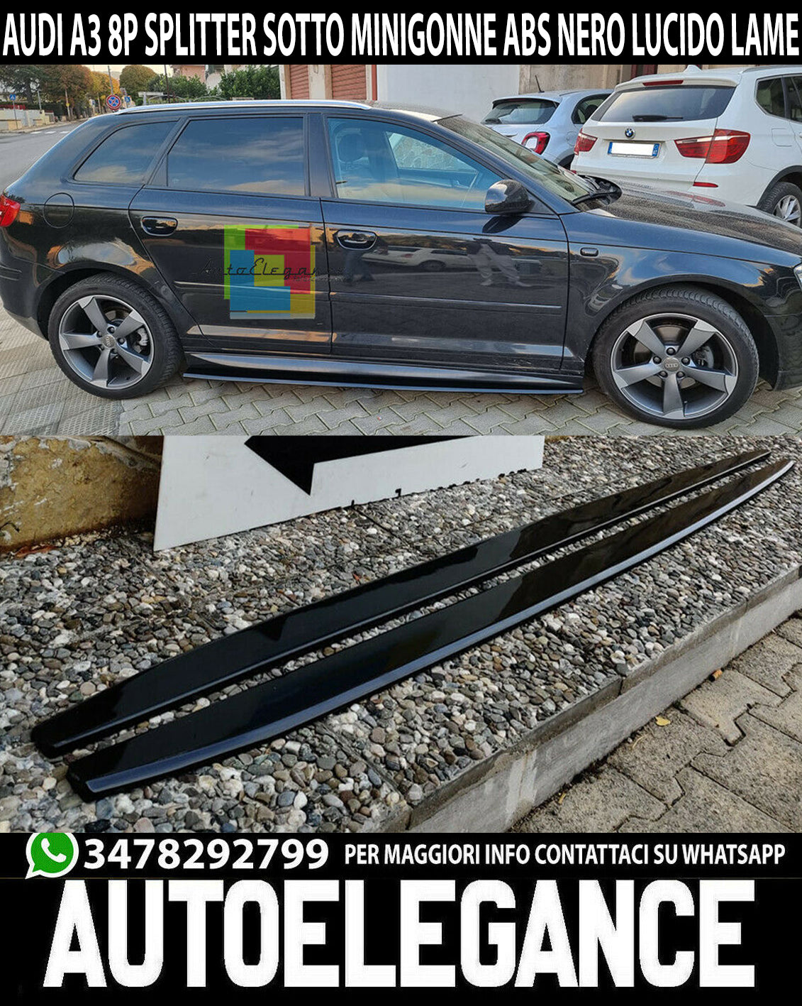FLAPS UNDER SIDE SKIRTS AUDI A3 8P SPORTBACK ABS GLOSSY BLACK BLADES