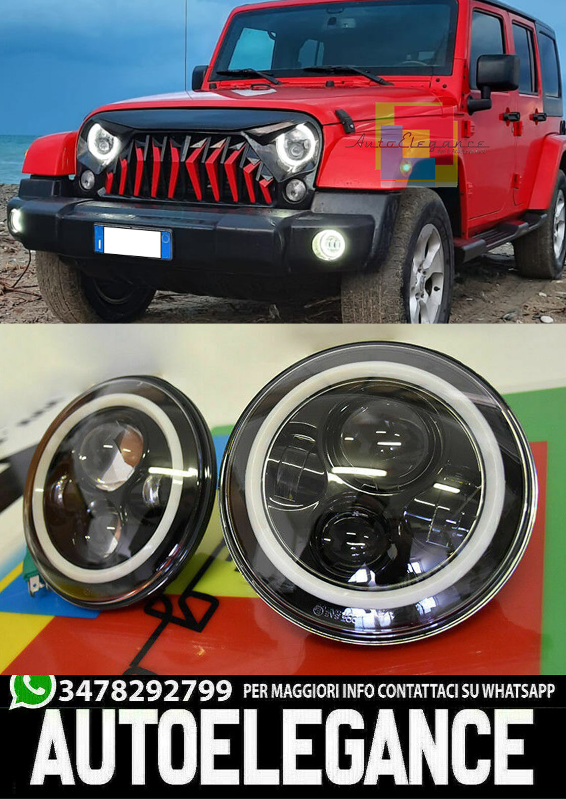 JEEP WRANGLER JK 2007+ FARI ANTERIORI LED CON LUCI DIURNE BIANCO ANGEL EYES