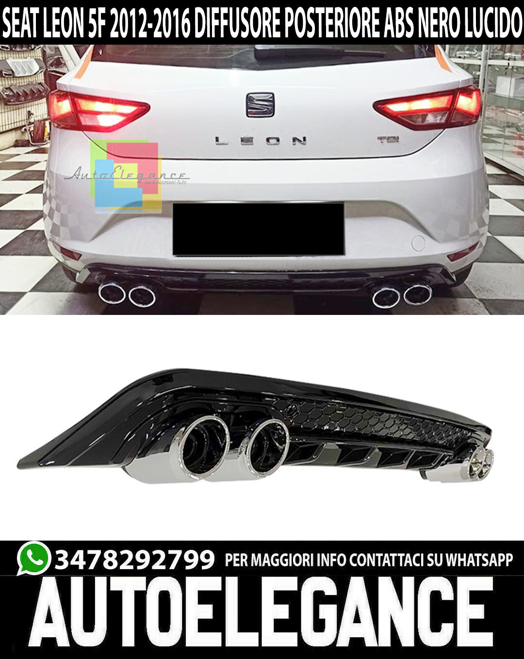 UNDER REAR BUMPER ABS SEAT LEON 5F 2012-2016 DIFFUSER GLOSSY BLACK LOOK