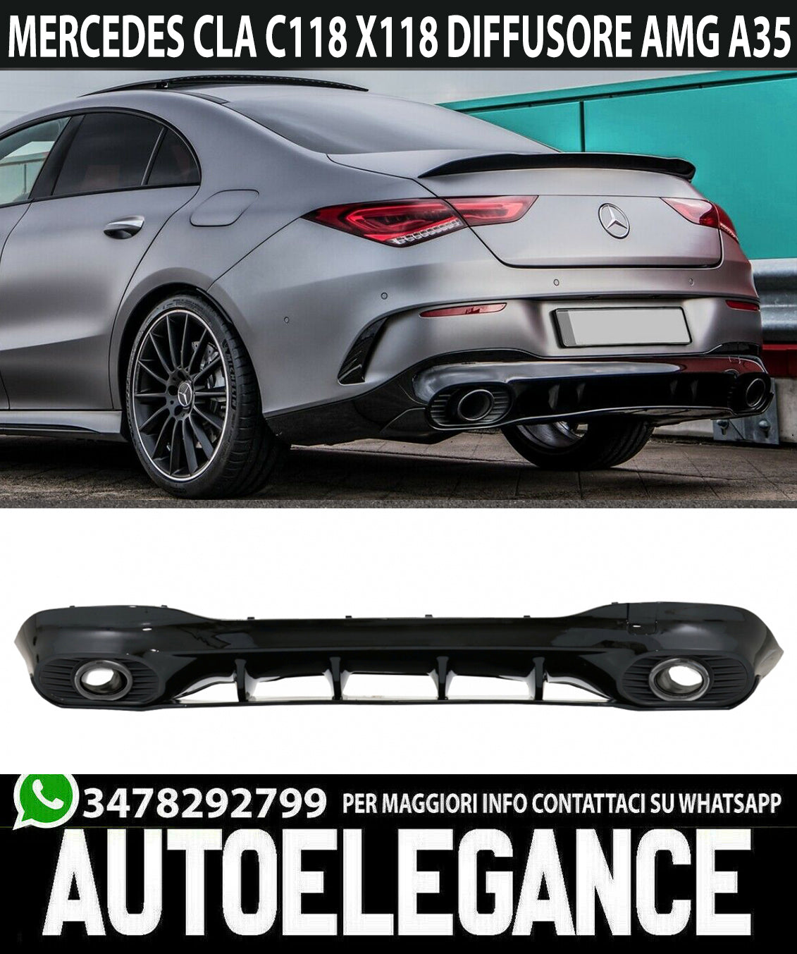 DIFFUSORE POSTERIORE PER MERCEDES CLA W118 X118 AMG TERMINALI INOX NERI A35