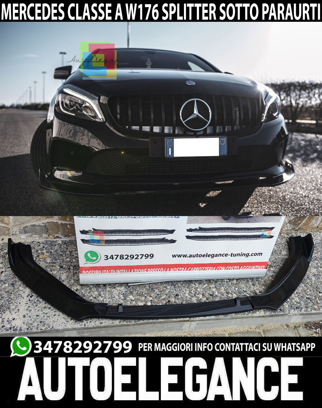 SPLITTER MERCEDES A W176 BLADE UNDER FRONT BUMPER ABS GLOSSY BLACK 0097