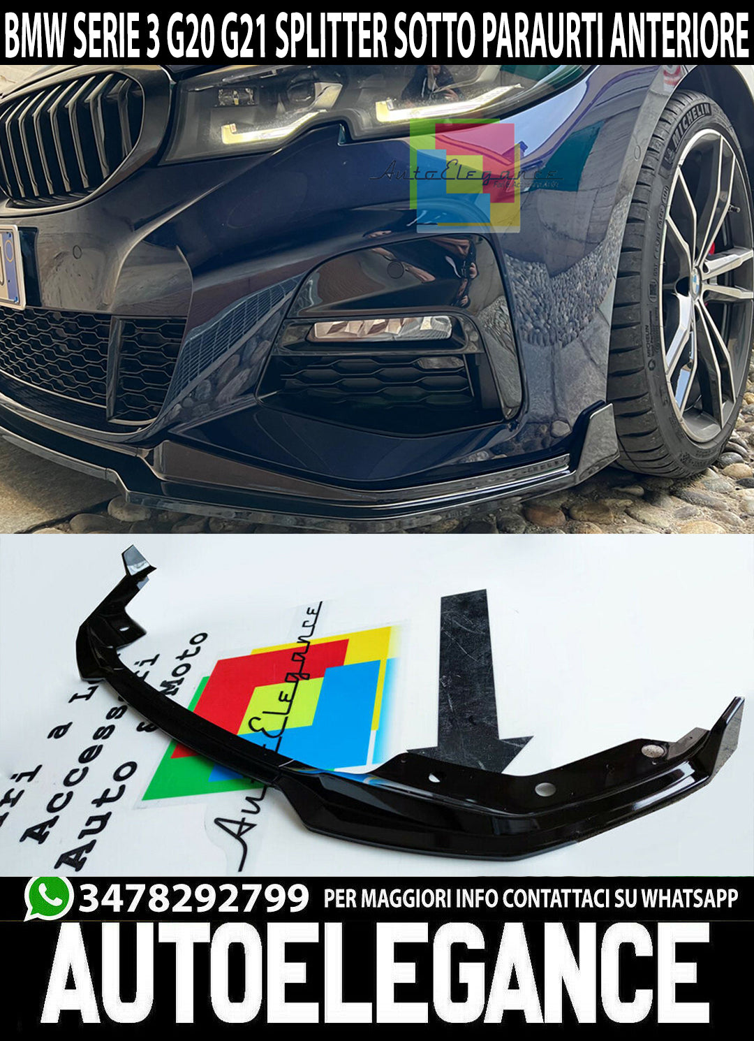 BMW SERIE 3 G20 G21 SPLITTER SOTTO PARAURTI ANTERIORE NERO ABS LAMA M3 LOOK AUTOELEGANCERICAMBI