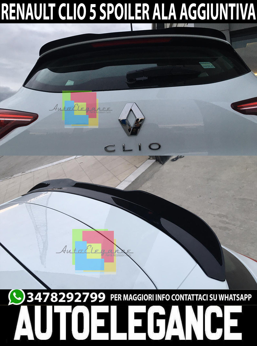 RENAULT CLIO 5 V 2019+ ALA AGGIUNTIVA SPOILER TETTO SPORTIVO ABS NERO LUCIDO