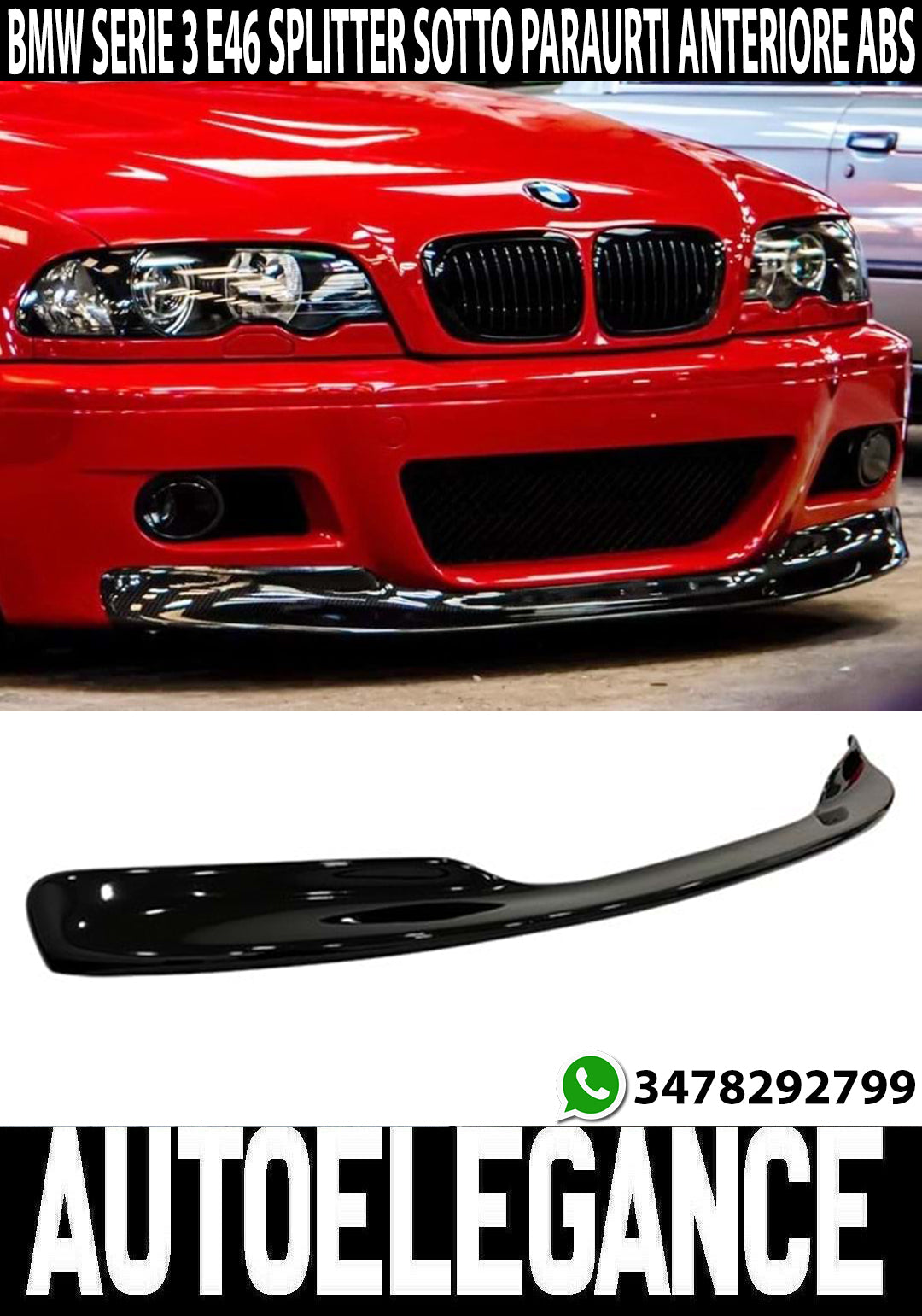 BMW SERIE 3 E46 SOTTO PARAURTI ANTERIORE ABS NERO LUCIDO SPLITTER LAMA M3 AUTOELEGANCERICAMBI