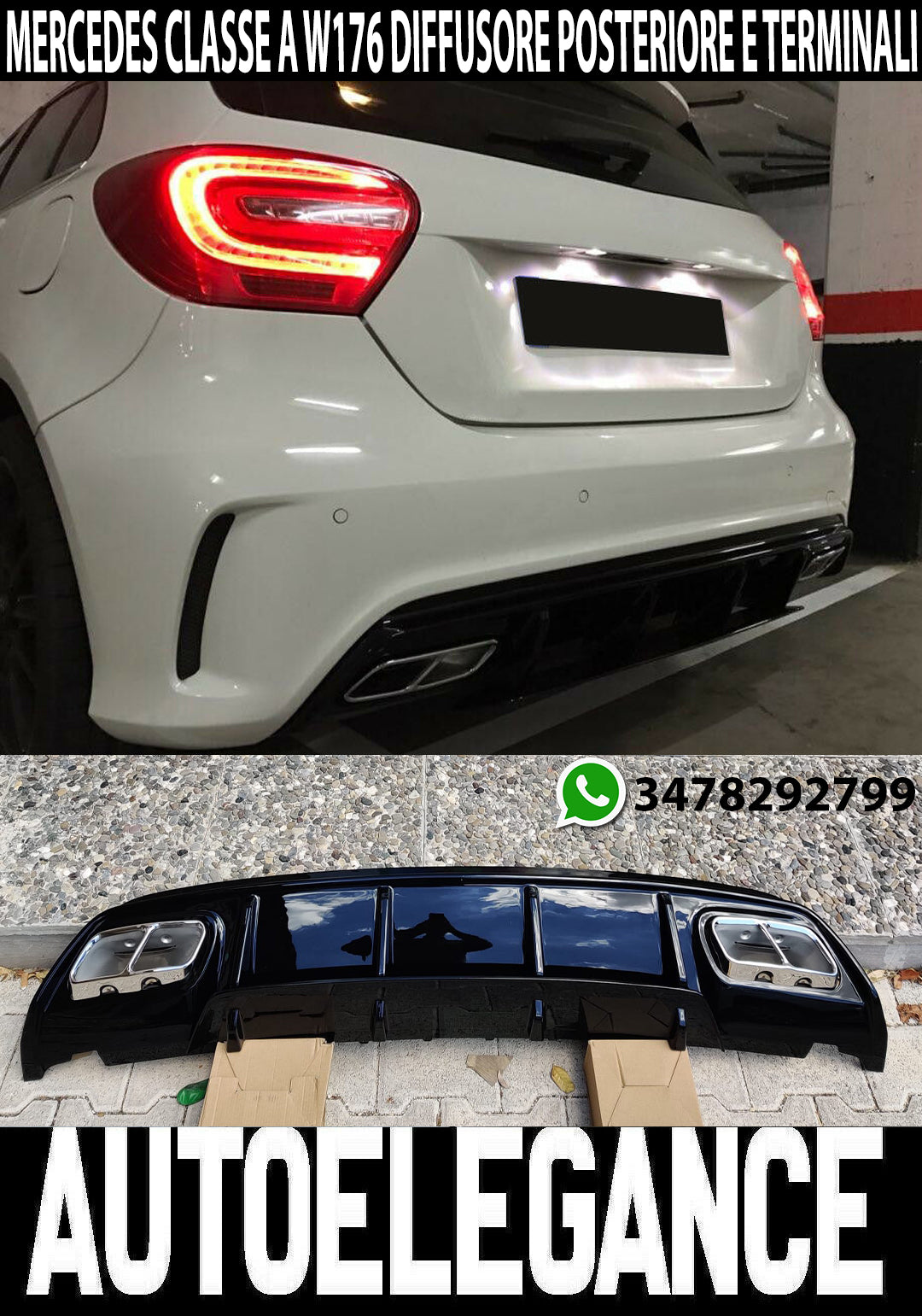 MERCEDES A W176 2012+ DIFFUSORE SOTTO PARAURTI + TERMINALI CROMATI AMG A45