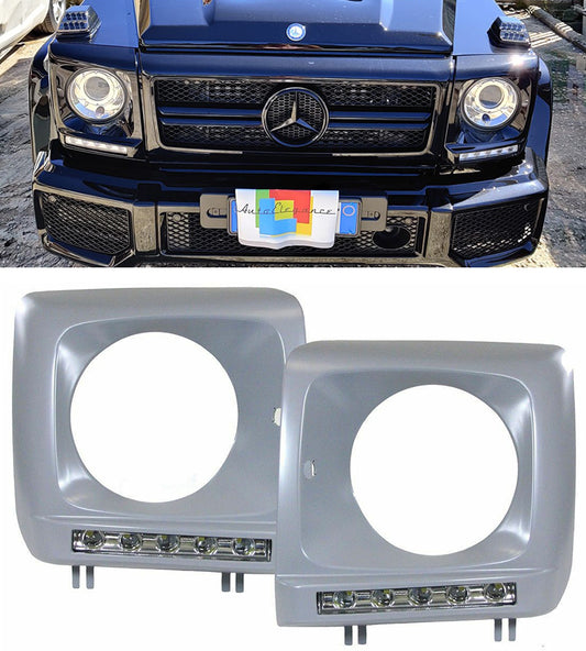 MERCEDES G W463 1989-2012 HEADLIGHT COVERS WITH LED DAYTIME RUNNING LIGHTS DRL G65 AMG