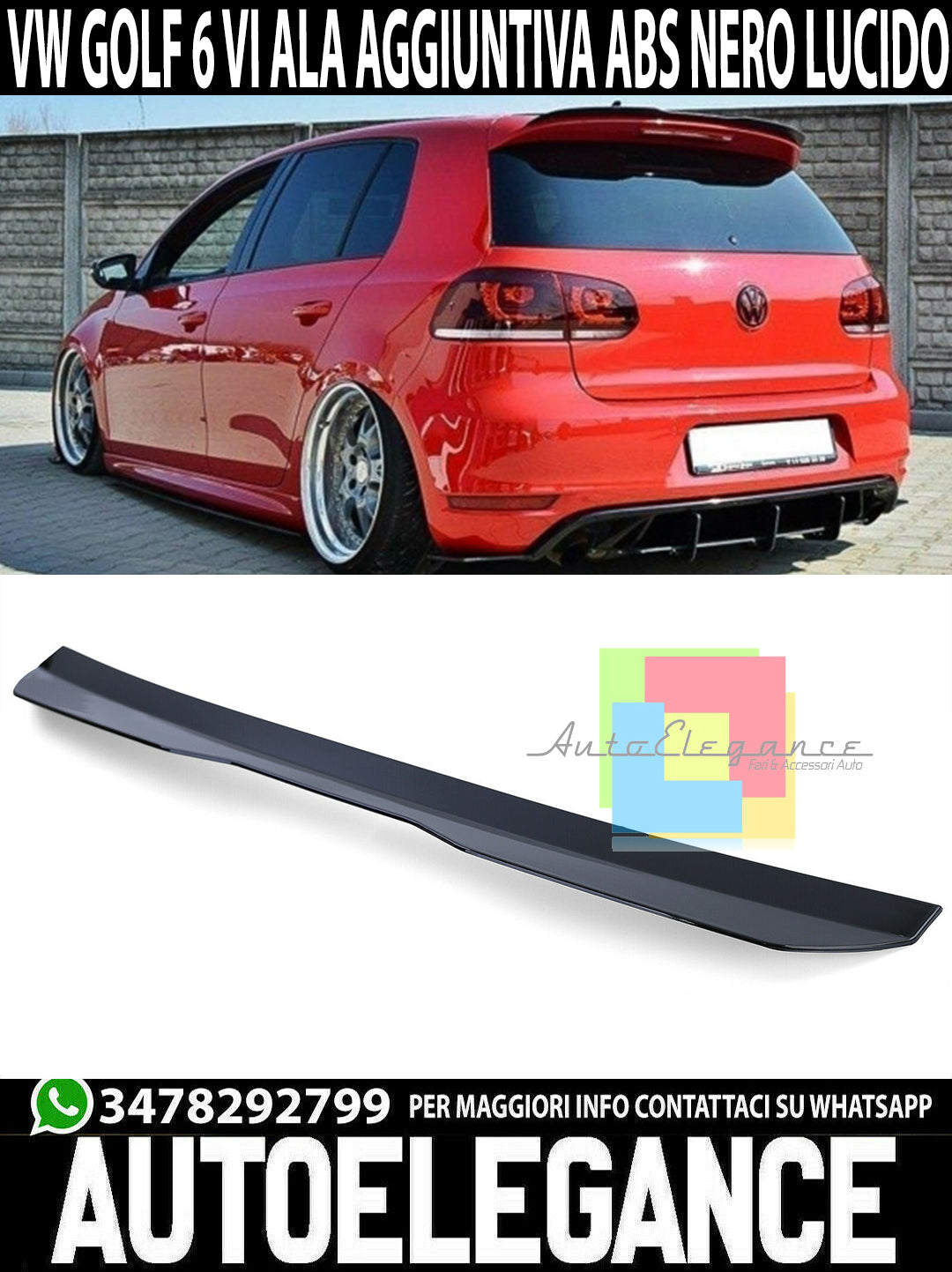VW GOLF 6 VI 2008 AL 2012 SPOILER TETTO POSTERIORE AGGIUNTIVO GTI LOOK ABS NERO