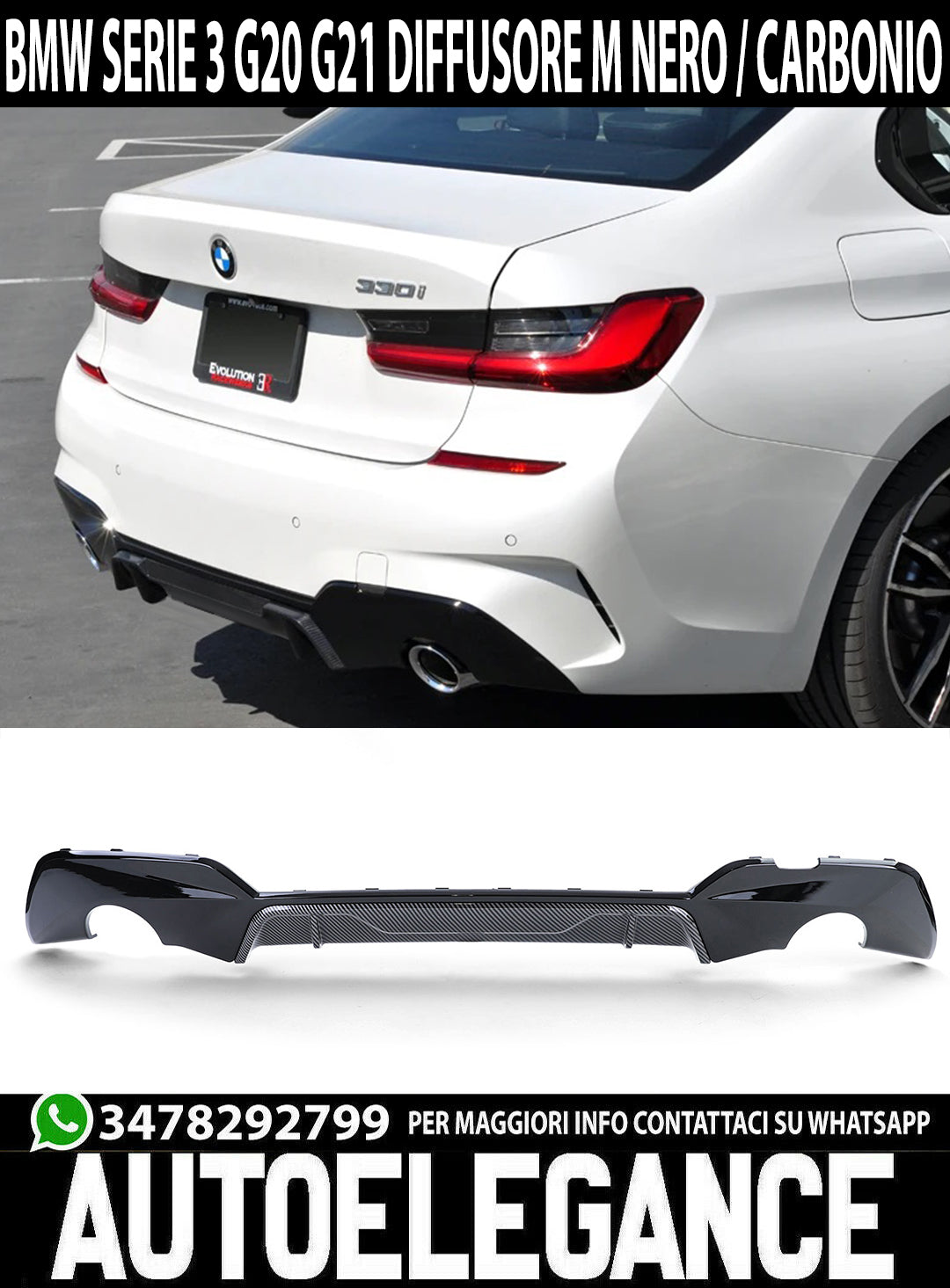 DIFFUSORE ABS POSTERIORE BMW SERIE 3 G20 2018+ SOTTO PARAURTI M NERO / CARBONIO