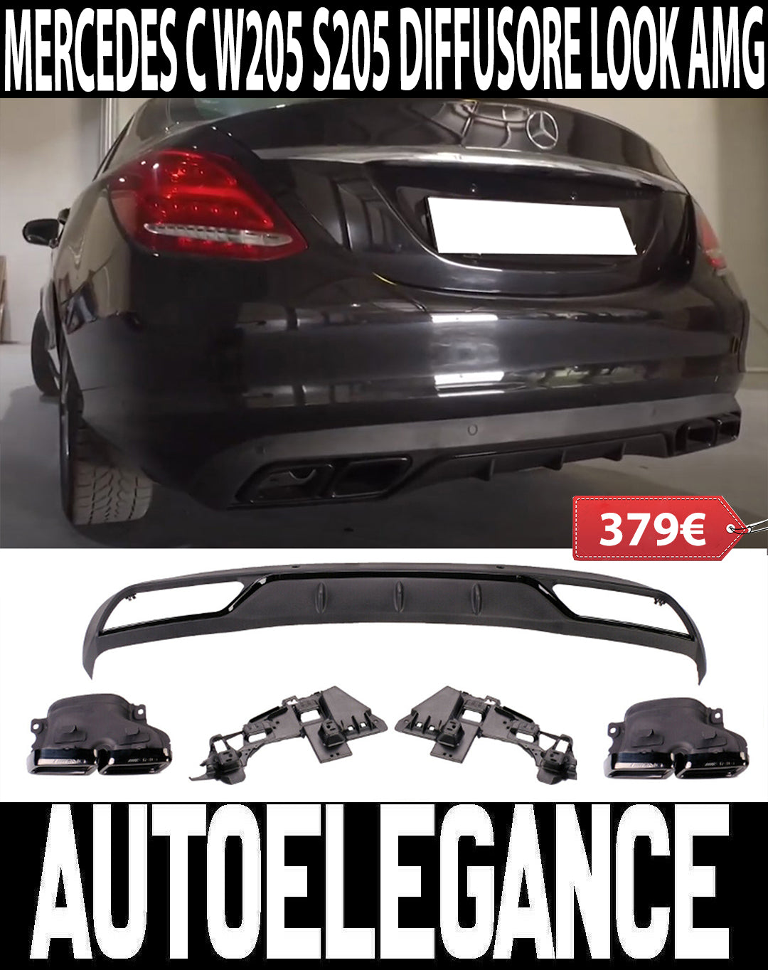 MERCEDES C W205 S205 2014-2018 REAR DIFFUSER ABS TIPPER STAINLESS STEEL AMG BLACK