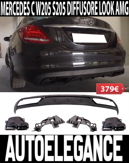 MERCEDES C W205 S205 2014-2018 REAR DIFFUSER ABS TIPPER STAINLESS STEEL AMG BLACK