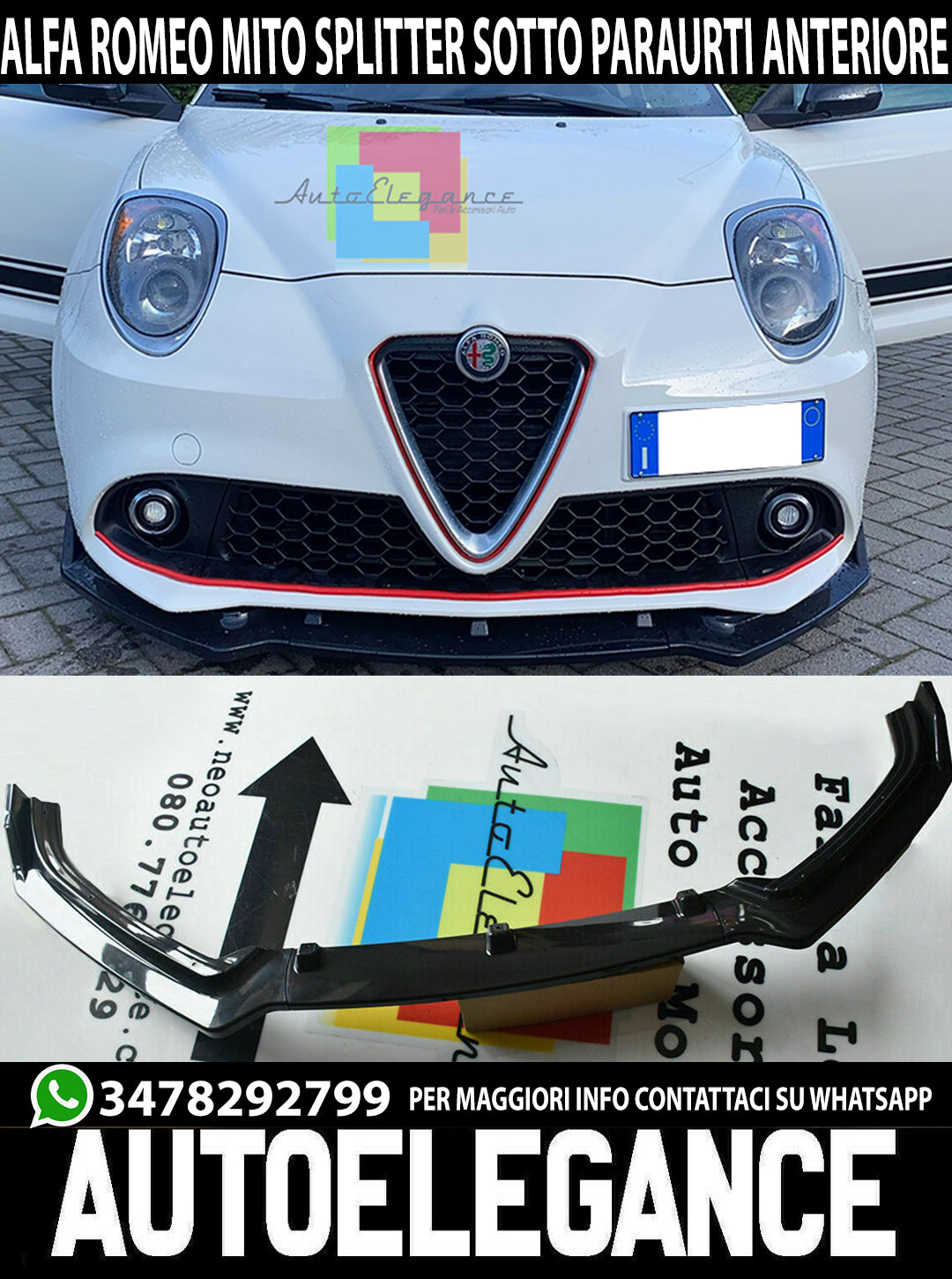 ALFA ROMEO MITO 2008+ SPOILER LAMA SOTTO PARAURTI ANTERIORE ABS NERO SPLITTER AUTOELEGANCERICAMBI