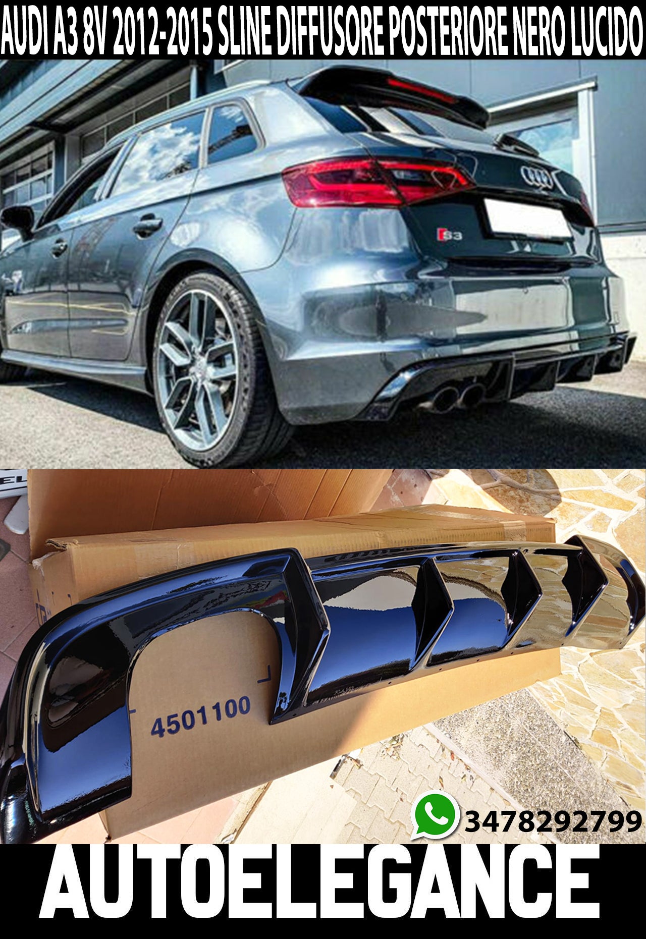 SOTTO PARAURTI AUDI A3 8V SPORTBACK SLINE 2012-2015 DIFFUSORE NERO LUCIDO