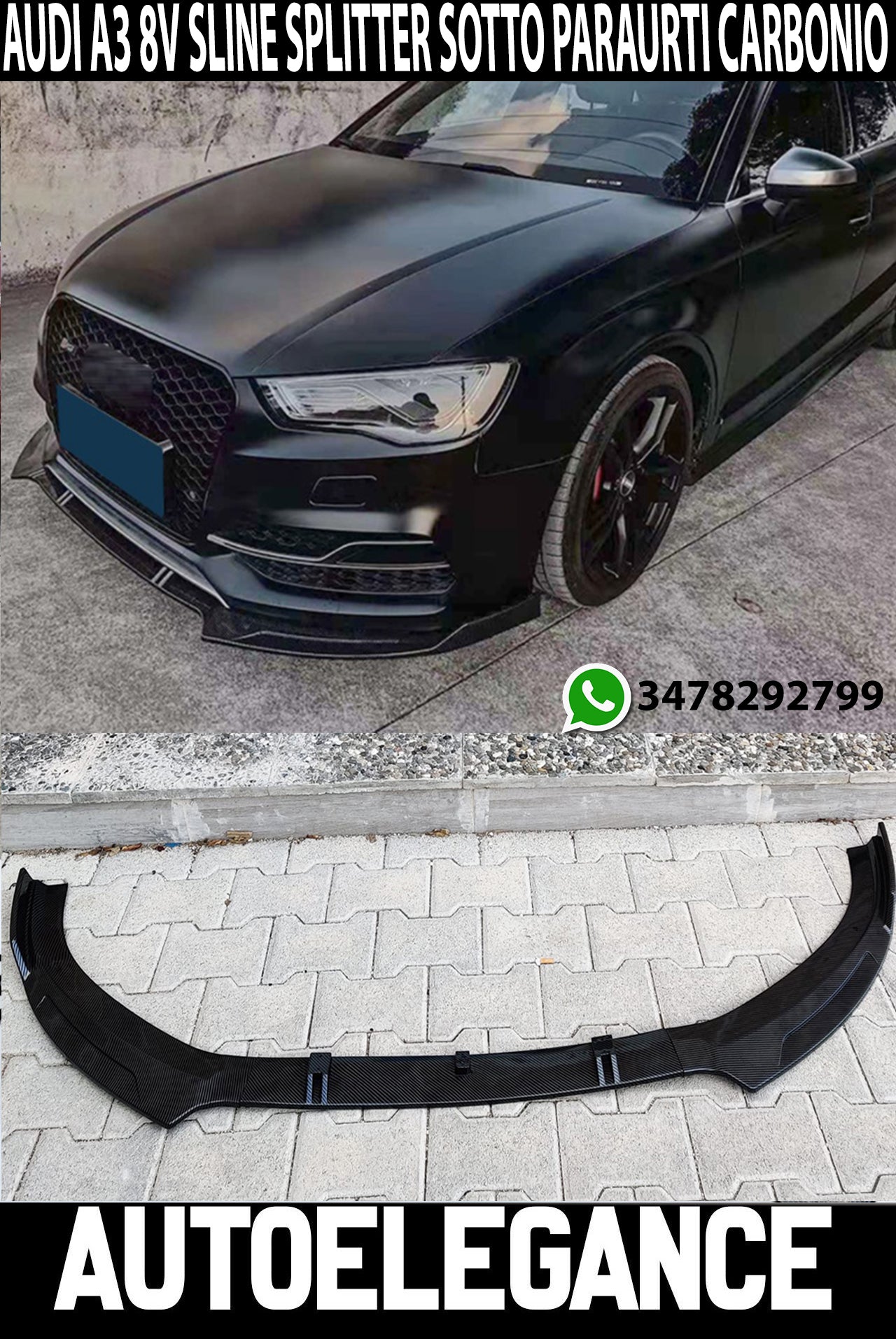 SPLITTER SOTTO PARAURTI AUDI A3 8V SLINE ABS CARBONIO LOOK SPOILER RS3