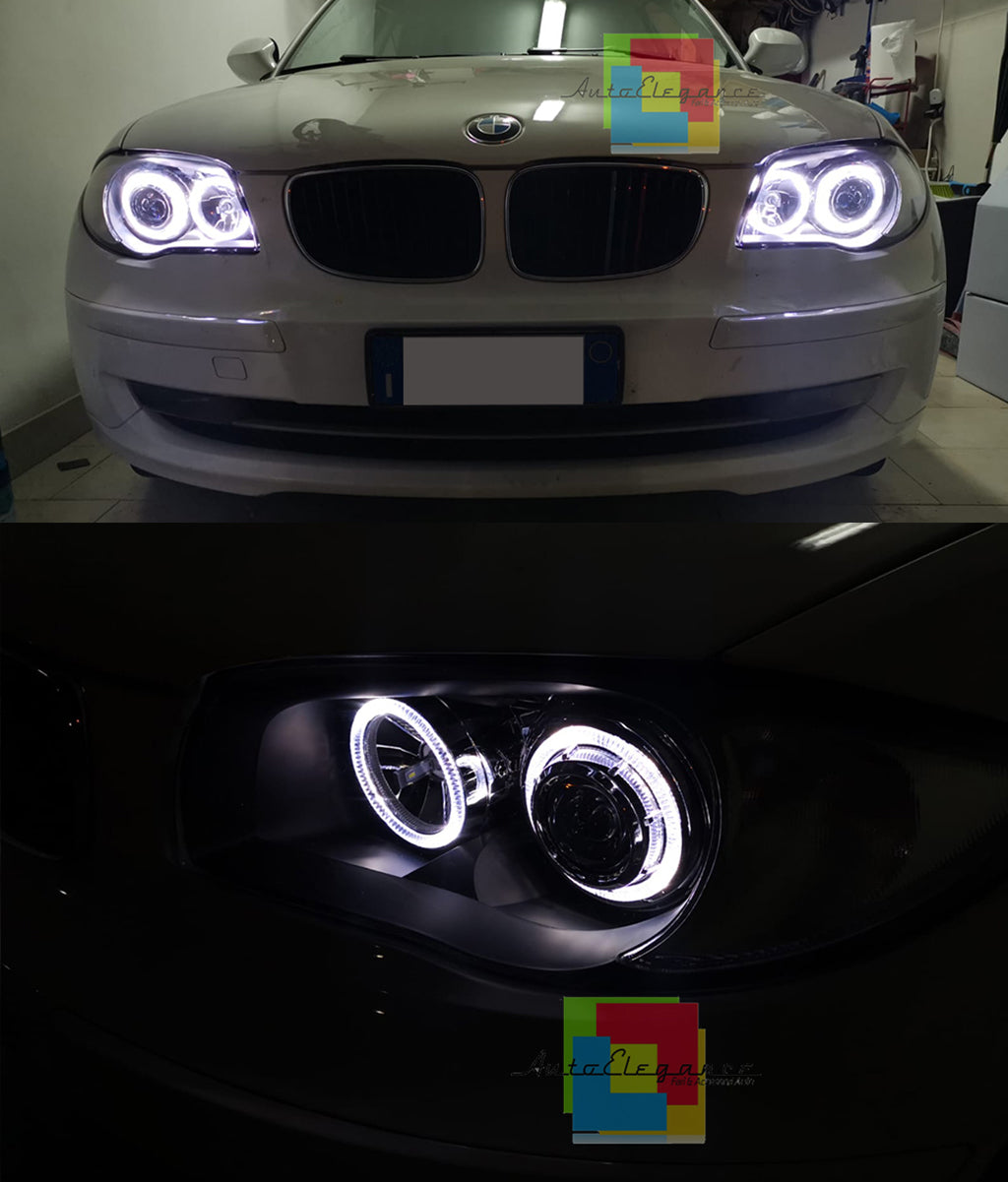 BMW SERIE 1 E81 E82 E87 E88 04-11 FARI NERI CON ANELLI ANGEL EYES LED BIANCHI AUTOELEGANCERICAMBI