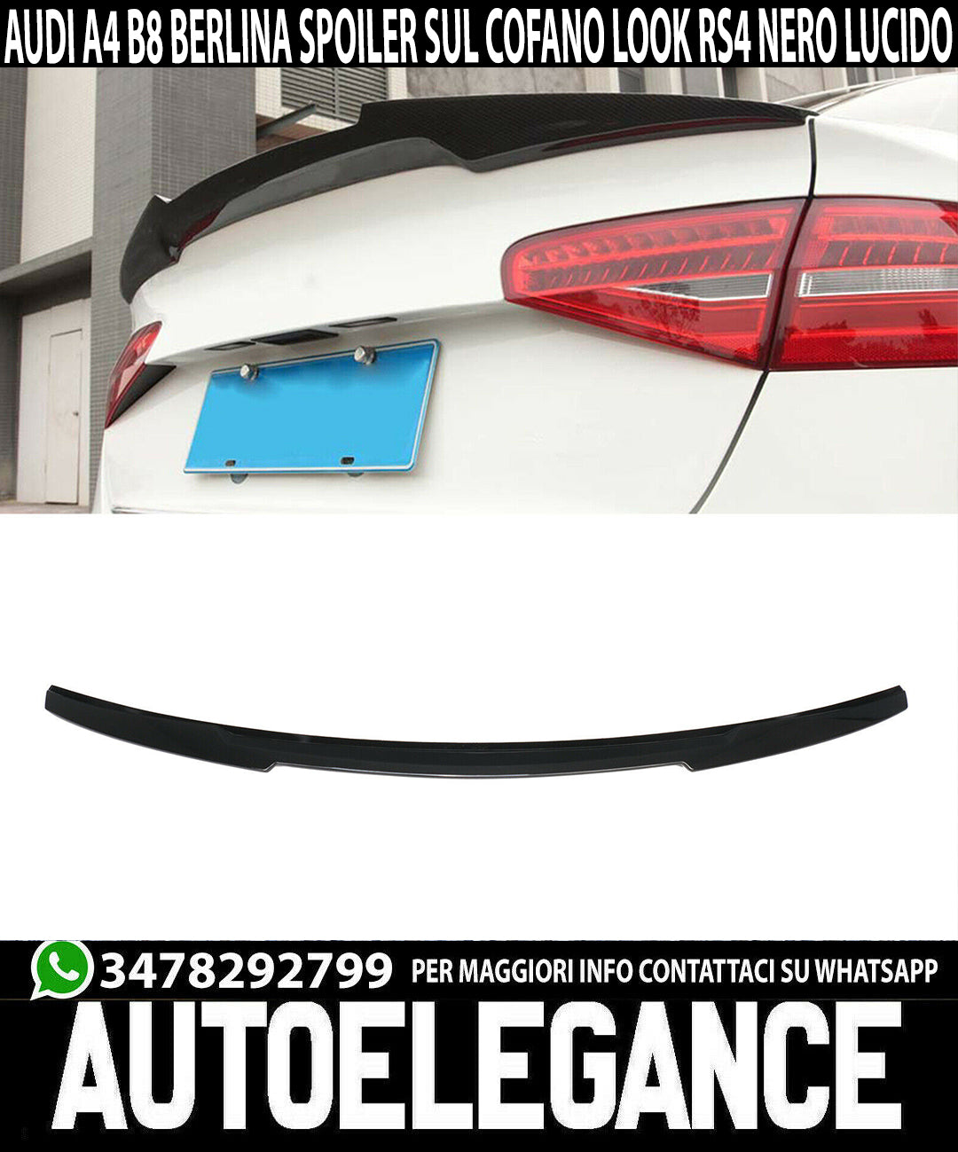 RS4 REAR BONNET SPOILER AUDI A4 B8 8K SEDAN 2008-2015 IN GLOSSY BLACK ABS