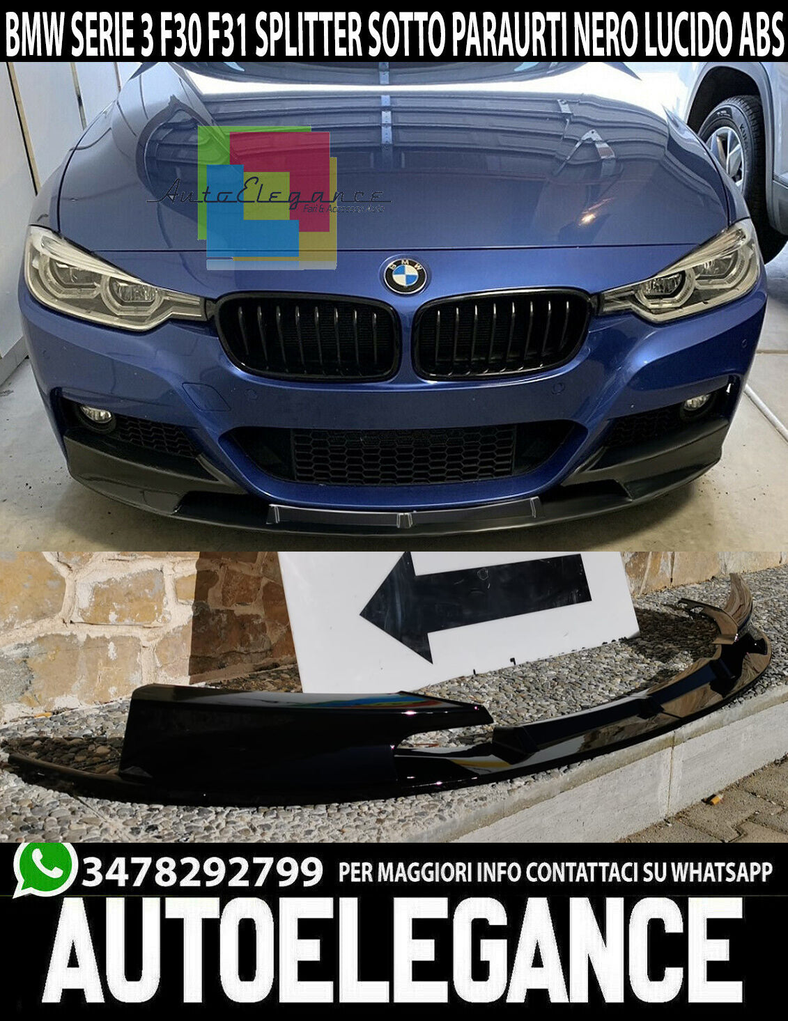 BMW 3 SERIES F30 F31 BLADE UNDER FRONT BUMPER GLOSSY ABS SPLITTER