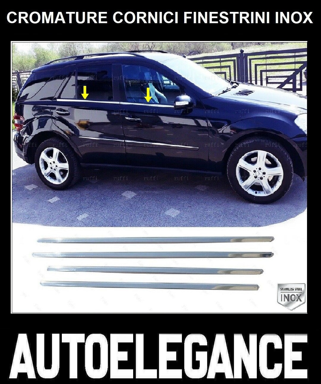 CROMATURA CORNICI FINESTRINI 4PZ MERCEDES ML W164 2005-2011 INOX ADESIVO 0032 AUTOELEGANCERICAMBI