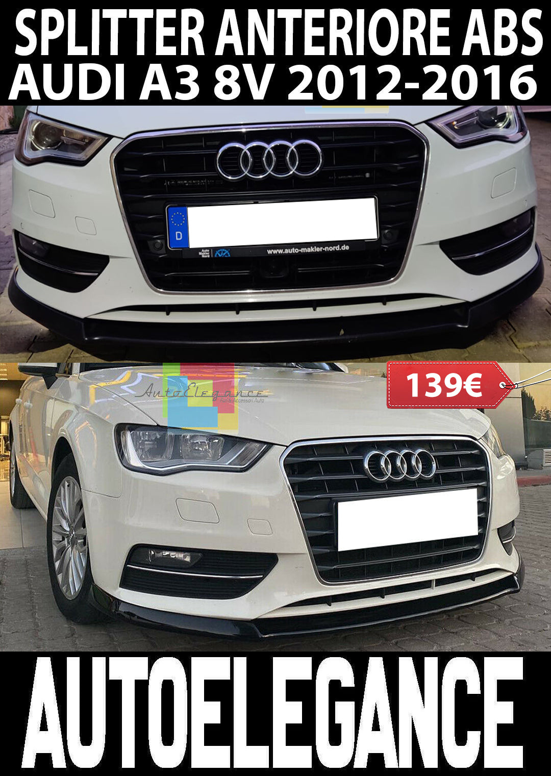 SPLITTER UNDER FRONT BUMPER AUDI A3 8V STANDARD 2012-2015 ABS SPOILER