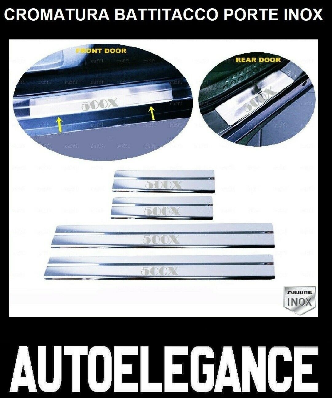 CROMATURA BATTITACCO PORTE FIAT 500X 2014+ ACCIAIO INOX ADESIVO 0032 AUTOELEGANCERICAMBI