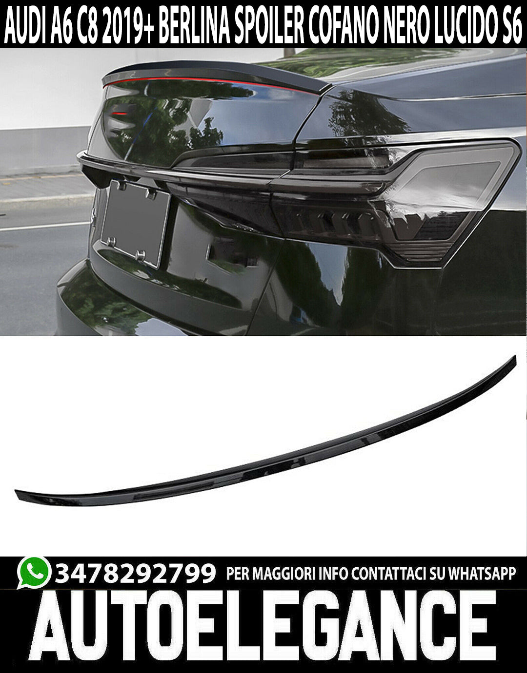 SPOILER POSTERIORE SUL COFANO PER AUDI A6 4A C8 2018+ BERLINA NERO LUCIDO ABS