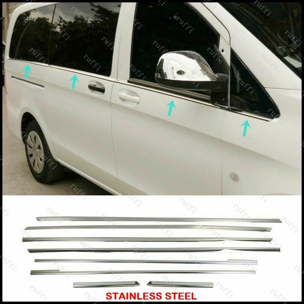 CROMATURA CORNICI FINESTRINI 8PZ MERCEDES VITO W447 2014+LUNGO INOX ADESIVO 0032 AUTOELEGANCERICAMBI