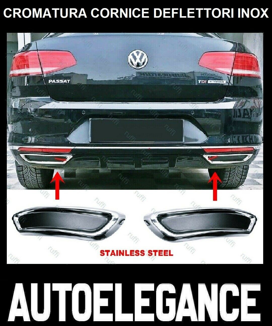 CROMATURA CORNICE DEFLETTORI DI SCARICO VW PASSAT B8 2014+ INOX ADESIVO 0032 AUTOELEGANCERICAMBI