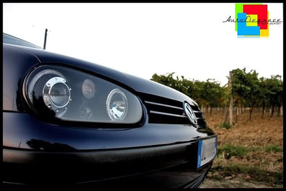 VW GOLF 4 1997 - 2003 FARI ANTERIORI NERI CON ANGEL EYES BIANCHI A LED