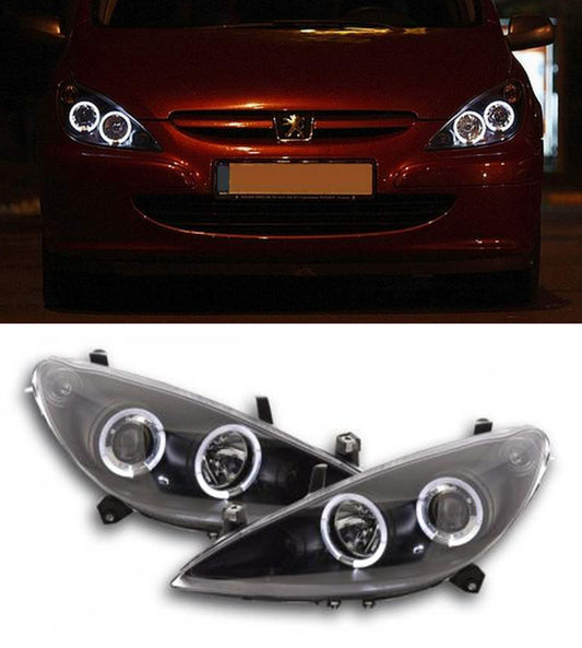 PEUGEOT 307 2001-2005 FARI ANTERIORI NERI ANGEL EYES LENTICOLARI H7 / H1