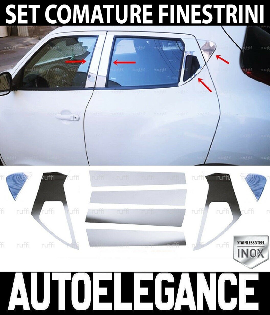 NISSAN JUKE 2010-2017 SET MODANATURE INTERNE FINESTRINI INOX CROMATO ADESIVE