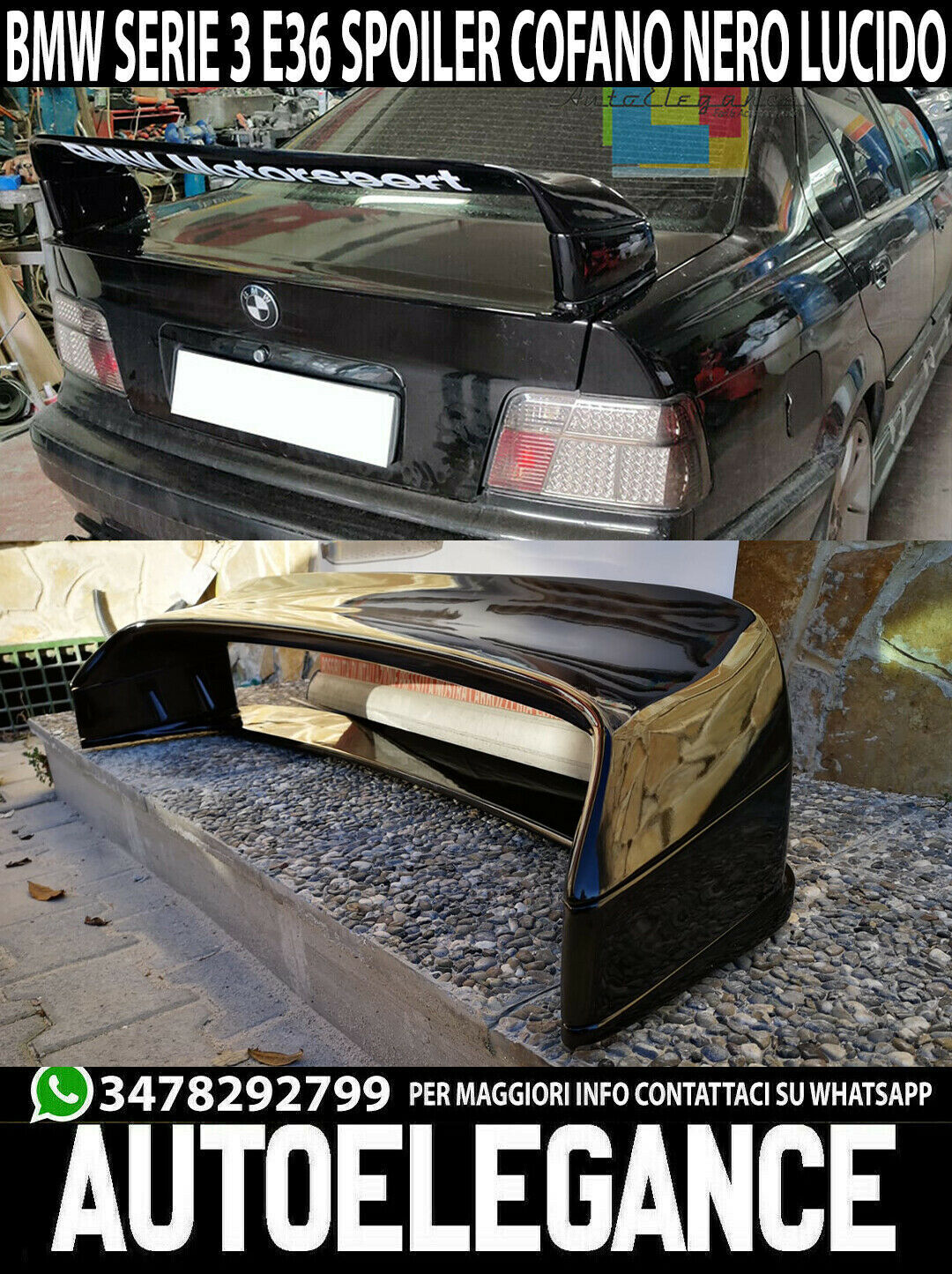 REAR TUNING SPOILER HOOD BMW 3 SERIES E36 SEDAN COUPE GLOSSY BLACK .-