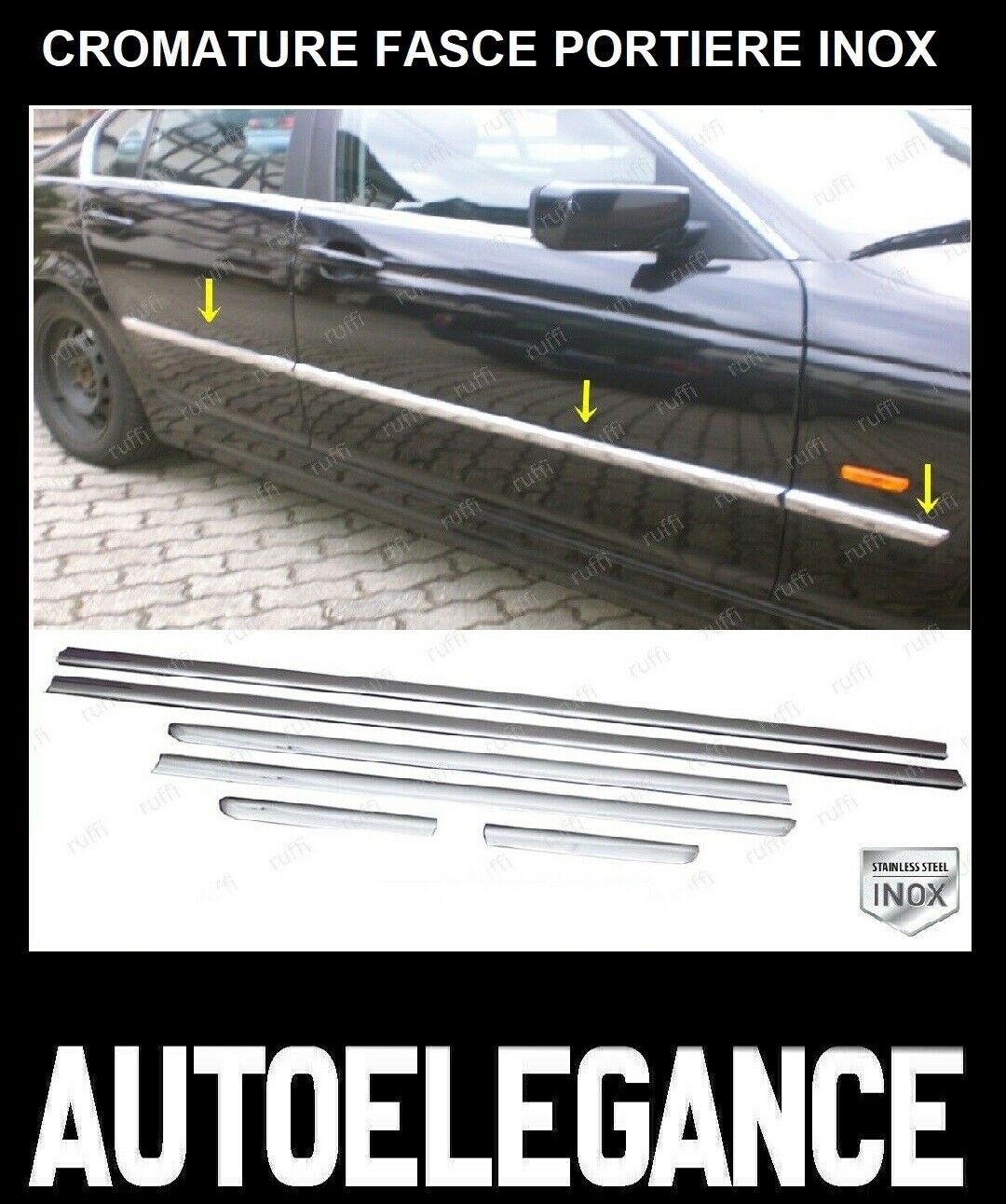 CROMATURA FASCE LATERALI PORTIERE BMW 3 E46 1998-2007 ACCIAIO INOX ADESIVO 0032 AUTOELEGANCERICAMBI